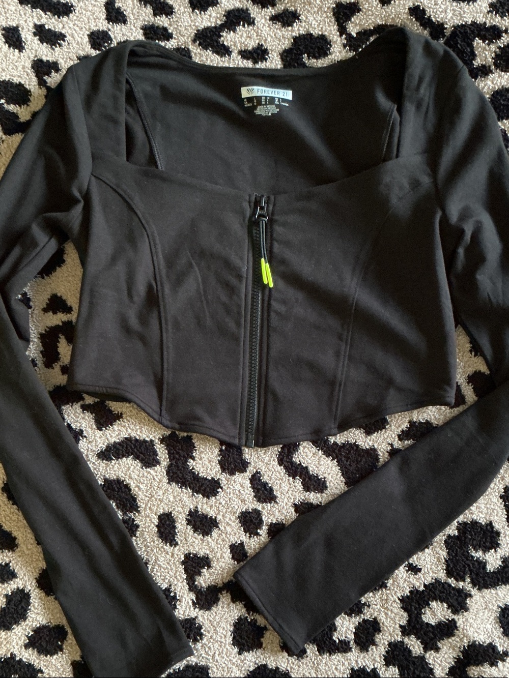 Forever 21 Black Long-Sleeve Cropped Zip-Up Top with Neon Pull
